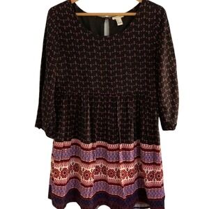 Boho Flowy Peasant Midi Dress Large‎ Chic Short Sleeve Black Dress Colorful